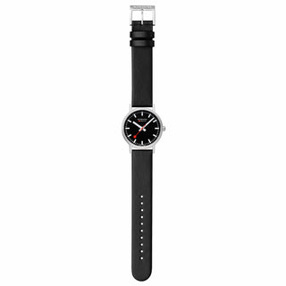 Classic Black Dial, Schwarzes Veganes Traubenleder, 36 mm, Frontansicht mit Armband