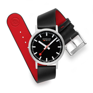 Classic Black Dial, Schwarzes Veganes Traubenleder, 36 mm, Detailansicht von Armband und Schließe