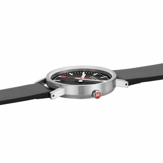 Classic Black Dial, Schwarzes Veganes Traubenleder, 36 mm, Seitenansicht mit roter Krone