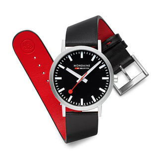 Classic Black Dial, Schwarzes Veganes Traubenleder, 40 mm, Detailansicht von Armband und Schließe