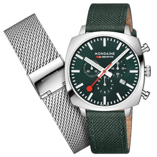 Cushion, 41 mm, Grüne Nachhaltigkeitsuhr, MSL.41460.LF.SET, Vorderansicht der Uhr mit dem Originalarmband und dem zusätzlichen Armband.