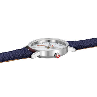 Classic, 30mm, Moderne Ozean-Blaue Uhr, A658.30323.17SBD1, Detailansicht der roten Krone und des Textilarmband