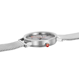 Classic, 36 mm, Good grey Edelstahl Uhr, A660.30314.80SBJ, Detailansicht der roten Krone und des Edelstahlarmbands