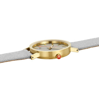 Classic, 36 mm, Good gray goldene Uhr, A660.30314.80SBU, Detailansicht der roten Krone und des Textilarmband